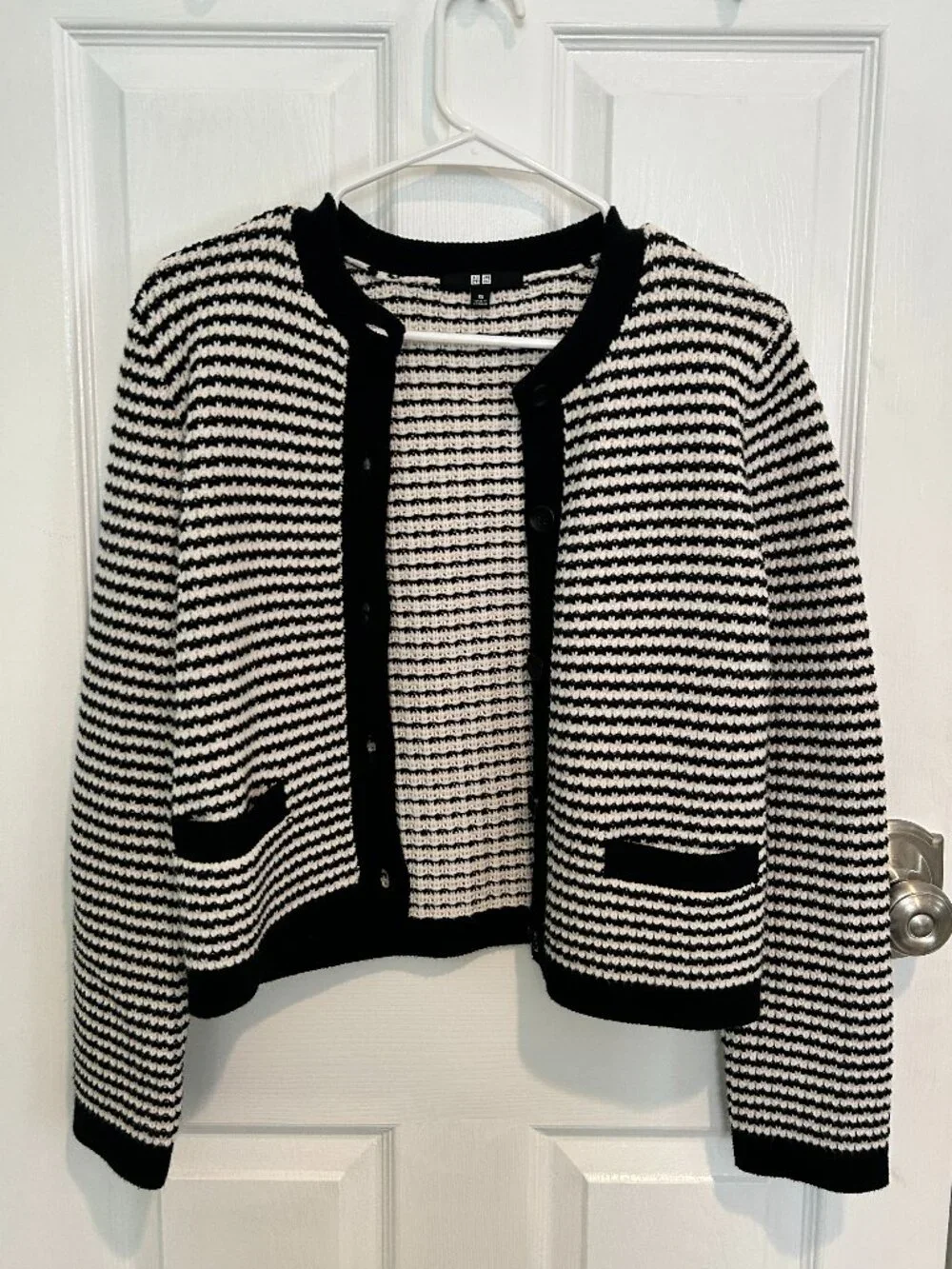 Uniqlo Waffle Knit Black + White Striped Cardigan - Picture 2 of 6
